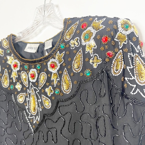 Vintage Jeweled Sequin Beaded Short Sleeve Silk Top Size Large - Picture 4 of 13